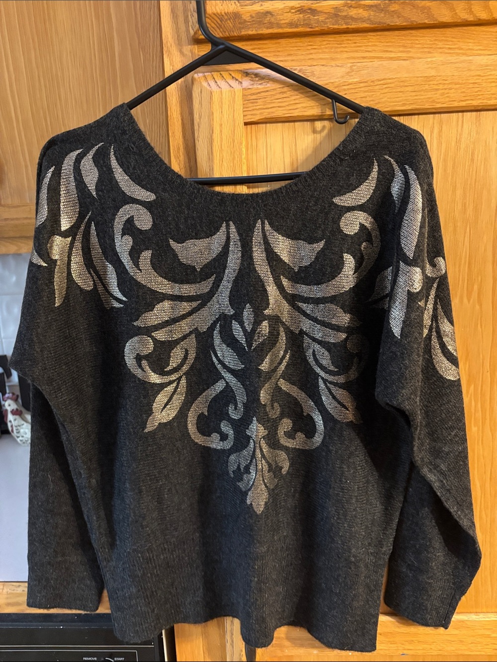 Women's Charcoal Gray Sweater with Silver Scroll Motif